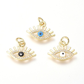 Brass Clear Micro Pave Cubic Zirconia Pendants, with Mixed Color Enamel, Evil Eye