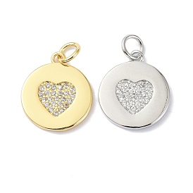 Brass Cubic Zirconia Pendants, with Jump Ring, Long-Lasting Plated, Lead Free & Cadmium Free, Flat Rounnd with Heart Pattren