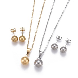 304 Stainless Steel Jewelry Sets, Pendant Necklaces and Stud Earrings, Ball