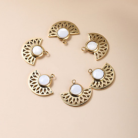 Bohemia Style Natural White Shell Pendants, Fan Charms, with Golden Tone Stainless Steel Findings