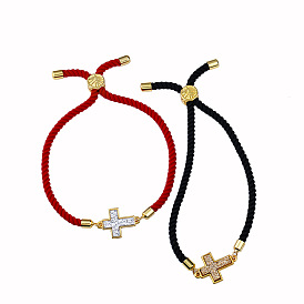 Minimalist Cross Bracelet with Adjustable Red Cord - Classic Western Style Jewelry