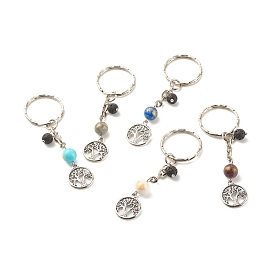 Natural Gemstone Beads Keychain, with Tibetan Style Alloy Pendants, Iron Split Key Rings, Flat Round with Tree of Life