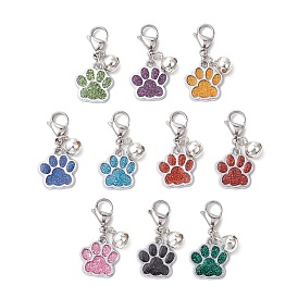 10Pcs 10 Colors Glitter Dog Paw Print Alloy Enamel Pendant Decoration, Lobster Claw Clasps Charm for Bag Ornaments