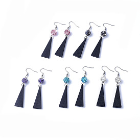 Polymer Clay Rhinestone Dangle Earrings, with Pear Wood Pendants and 304 Stainless Steel Earring Hooks
