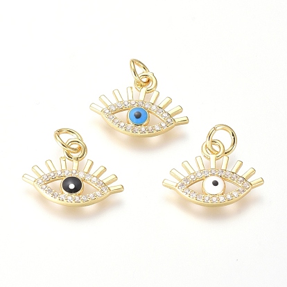 Brass Clear Micro Pave Cubic Zirconia Pendants, with Mixed Color Enamel, Evil Eye