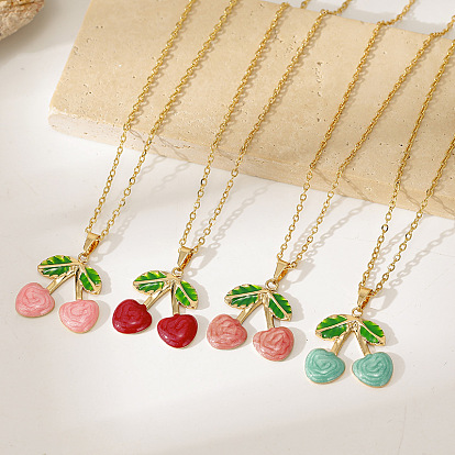 304 Collares con colgante de cereza esmaltada en acero inoxidable para mujer, dorado