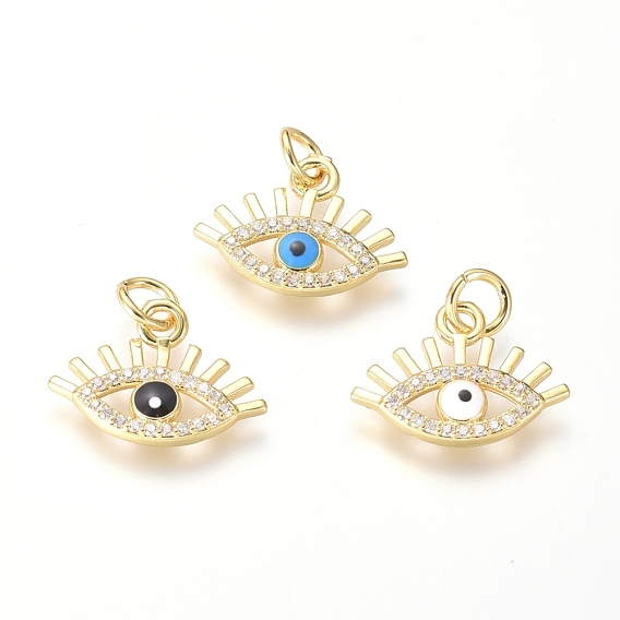 Brass Clear Micro Pave Cubic Zirconia Pendants, with Mixed Color Enamel, Evil Eye