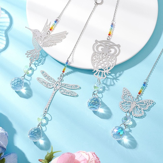 4Pcs Glass Teardrop Hanging Suncatchers, Animal Stainless Steel Links for Outdoor & Garden Decor, Stainless Steel Color