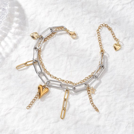 304 цепочки-скрепки из нержавеющей стали и многослойные браслеты с панцирным плетением, браслеты с подвесками в форме сердца для женщин