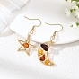 Natural Amber Wire Wrapped Star Moon Dangle Earrings, 201 Stainless Steel Asymmetrical Earrings