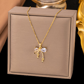 Латунный кулон-бантик с прозрачным кубическим цирконием 304 ожерелья из нержавеющей стали с цепочкой для женщин