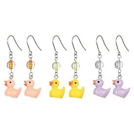 3 Pair 3 Color Resin Duck Dangle Earrings, 304 Stainless Steel Drop Earrings for Women