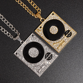 Alloy Crystal Rhinestone Enamel Turntable Pendant Necklaces for Unisex, Black