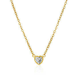 Heart-shaped 304 Stainless Steel Pave Clear Cubic Zirconia Pendant Cable Chain Necklaces for Women