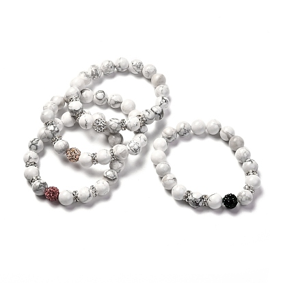 Natural Howlite Beads Stretch Bracelet for Men Women, with Polymer Clay & Brass Rhinestone Spacer Beads