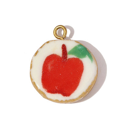 304 подвески из нержавеющей стали и фарфора, плоские круглые с яблоком, ионное покрытие (ip), реальный 18 k позолоченный