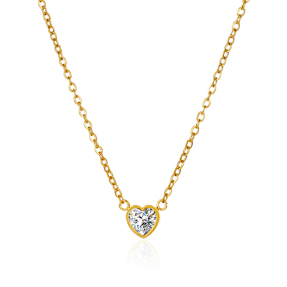 Heart-shaped 304 Stainless Steel Pave Clear Cubic Zirconia Pendant Cable Chain Necklaces for Women