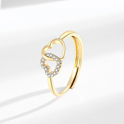 Регулируемые кольца для женщин с микропаве из латуни и кубическими цирконами, Двойное сердце
