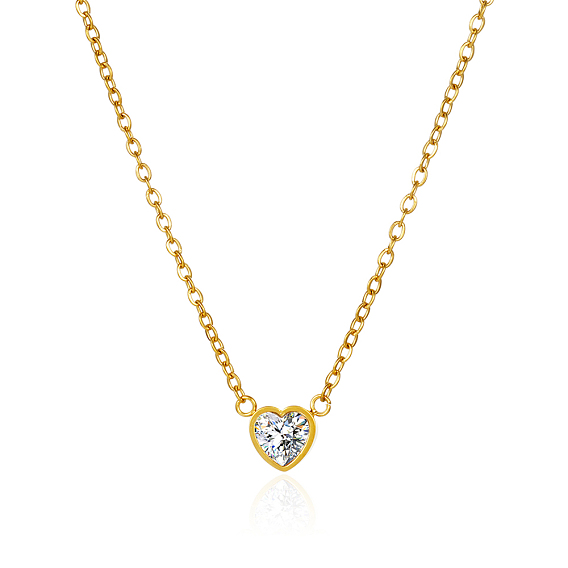 Heart-shaped 304 Stainless Steel Pave Clear Cubic Zirconia Pendant Cable Chain Necklaces for Women