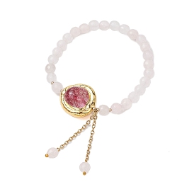 6mm Faceted Round Natural Rose Quartz Beaded Stretch Bracelets, Oval Dyed Natural Quartz Crystal Link Bracelets for Women