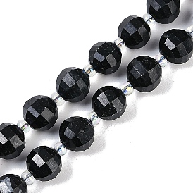 Natural Black Jade Beads Strands, Faceted, Lantern, with Seed Beads