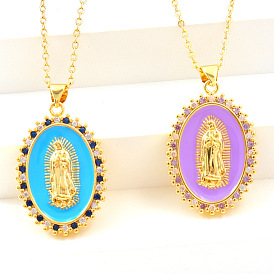 Fashionable Religious Copper Micro-inlaid Zircon Pendant Necklace with Oil Dripping Virgin Mary Design