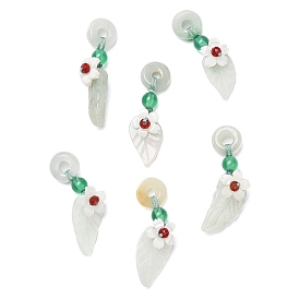 Natural Jadeite & Natural Green Onyx Agate & Crystal Dnout/Leaf Pendant Decorations, with Natural White Shell Flower Charm