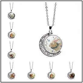 Collier pendentif en verre rotatif double face lapin de pâques, collier de lune en alliage pour femme