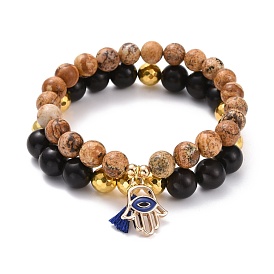 Hamsa Hand /Hand of Miriam with Evil Eye Charm Bracelets for Men Women, Natural Picture Jasper & Wood & Non-Magnetic Synthetic Hematite Round Beads Stretch Bracelets Set