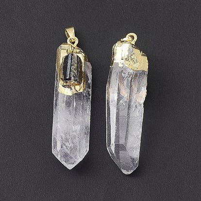 Natural Quartz Crystal Pointed Big Pendants, Natural Gems Faceted Bullet Charms, with Rack Plating Gloden Brass Tone Findings, Cadmium Free & Lead Free