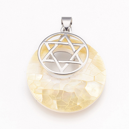 Shell Pendants, with Platinum Tone Brass Findings, for Jewish, Flat Round with Star of David