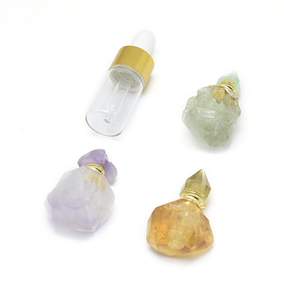 Natural Gemstone Openable Perfume Bottle Pendants, with Brass Findings and Glass Essential Oil Bottles