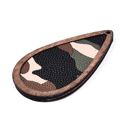 Camouflage Pattern Imitation Leather & Wood Big Pendants, Teardrop