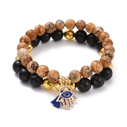 Hamsa Hand /Hand of Miriam with Evil Eye Charm Bracelets for Men Women, Natural Picture Jasper & Wood & Non-Magnetic Synthetic Hematite Round Beads Stretch Bracelets Set