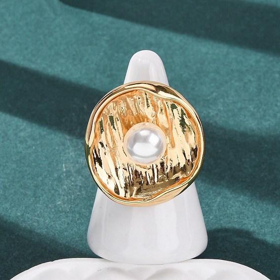 Регулируемые латунные кольца-манжеты с жемчужными элементами из АБС-пластика, плоско-круглые, белые