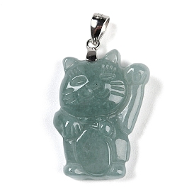 Natural Jadeite Carved Pendants, Fortune Cat Shape Charms with Rhodium Plated 925 Sterling Silver Snap on Bails