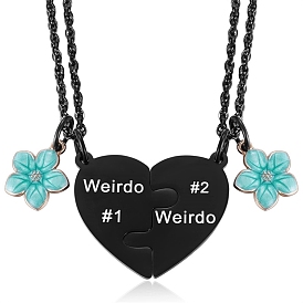 2Pcs Enamel Flower and Heart Match Couple Pendant Necklaces Set, Alloy Jewelry for Bestfriends Lovers