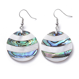 White Shell & Abalone Shell/Paua Shell Dangle Earrings, with Brass Ice Pick Pinch Bails and Earring Hooks, Flat Round