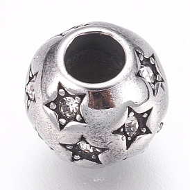 304 Stainless Steel European Beads, Large Hole Beads, with Rhinestone, Rondelle with Star