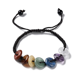 Bracelets de perles tressées avec pierres précieuses naturelles mélangées, disque donut/pi, bracelet réglable thème chakra