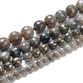 Natural Labradorite Beads Strands, Round, Rainbow Plated, Faceted
