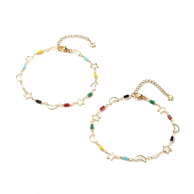 Brass Moon & Star Link Chain Anklet with Glass Beads for Women