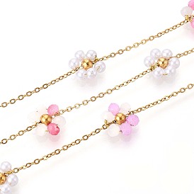 304 цветочные кабельные цепи из нержавеющей стали, с бусинами из стекла и АБС-пластика, имитирующими жемчуг, реальный 18 k позолоченный, пайки, с катушкой, ионное покрытие (ip)