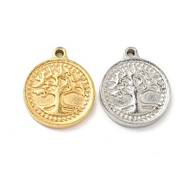 201 Stainless Steel Machine Polishing Pendants, Flat Round with Tree of Life