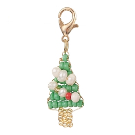 Décorations de pendentif en perles de rocaille de verre, avec des perles de culture d'eau douce naturelles et des fermoirs à pince de homard en alliage, arbre de Noël