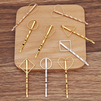 Iron Hair Bobby Pin Findings, with Brass Geometry Cabochon Settings, Vintage Decorative Hair Accessories