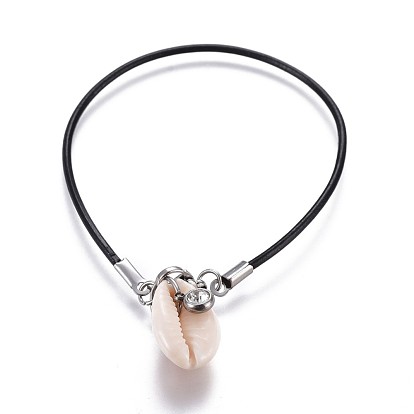 Cowrie Shell Charm Bracelets, with Cowhide Leather Cord and  304 Stainless Steel Rhinestone Findings