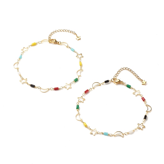 Brass Moon & Star Link Chain Anklet with Glass Beads for Women