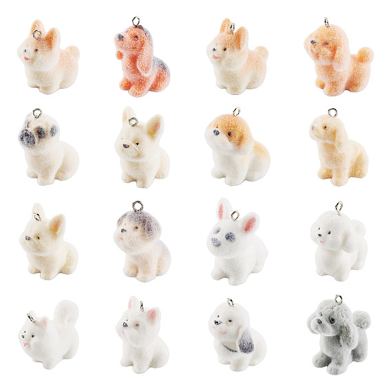 Resin Flocking Dog Pendants, with Platinum Iron Loop