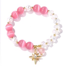 Pretty Pink Cat's Eye Crystal Star Bracelet with Peach Blossom for Best Friends